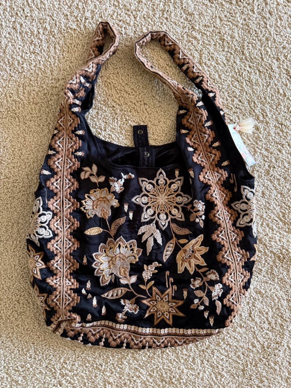Johnny Was Artisan Embroidered Hobo Shoulder Bag Black Floral Boho Tote